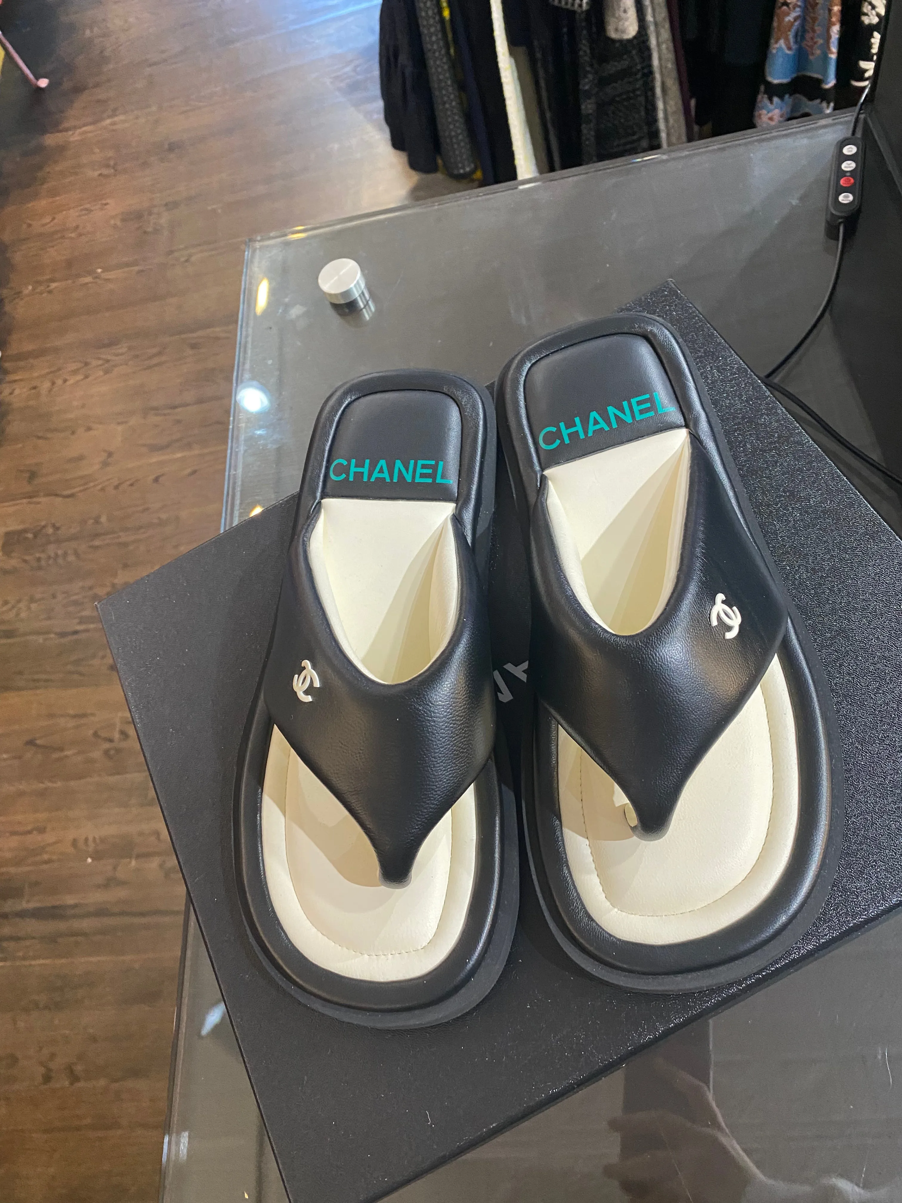 Chanel Leather Black and White Puff Flip Flop