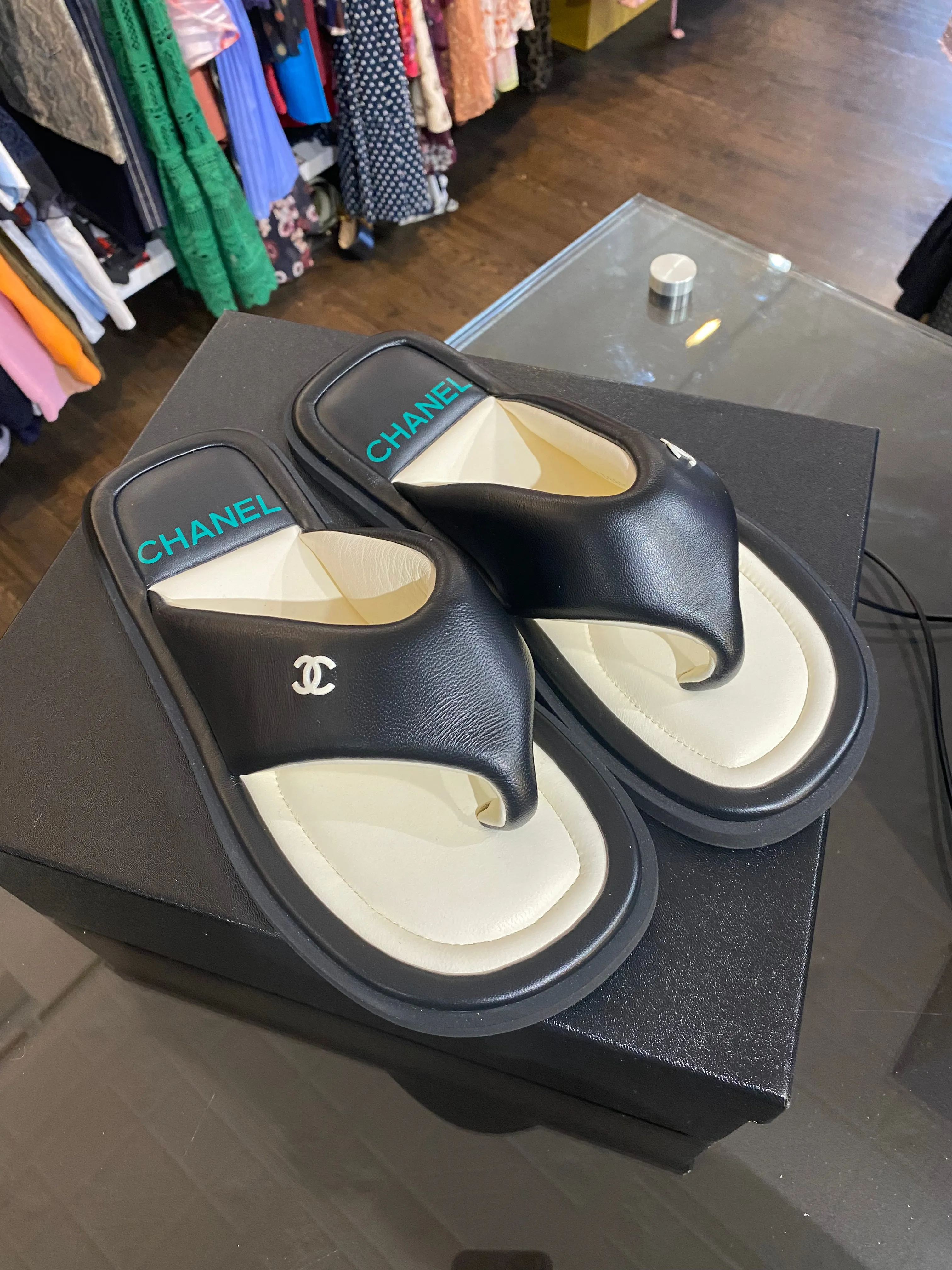 Chanel Leather Black and White Puff Flip Flop