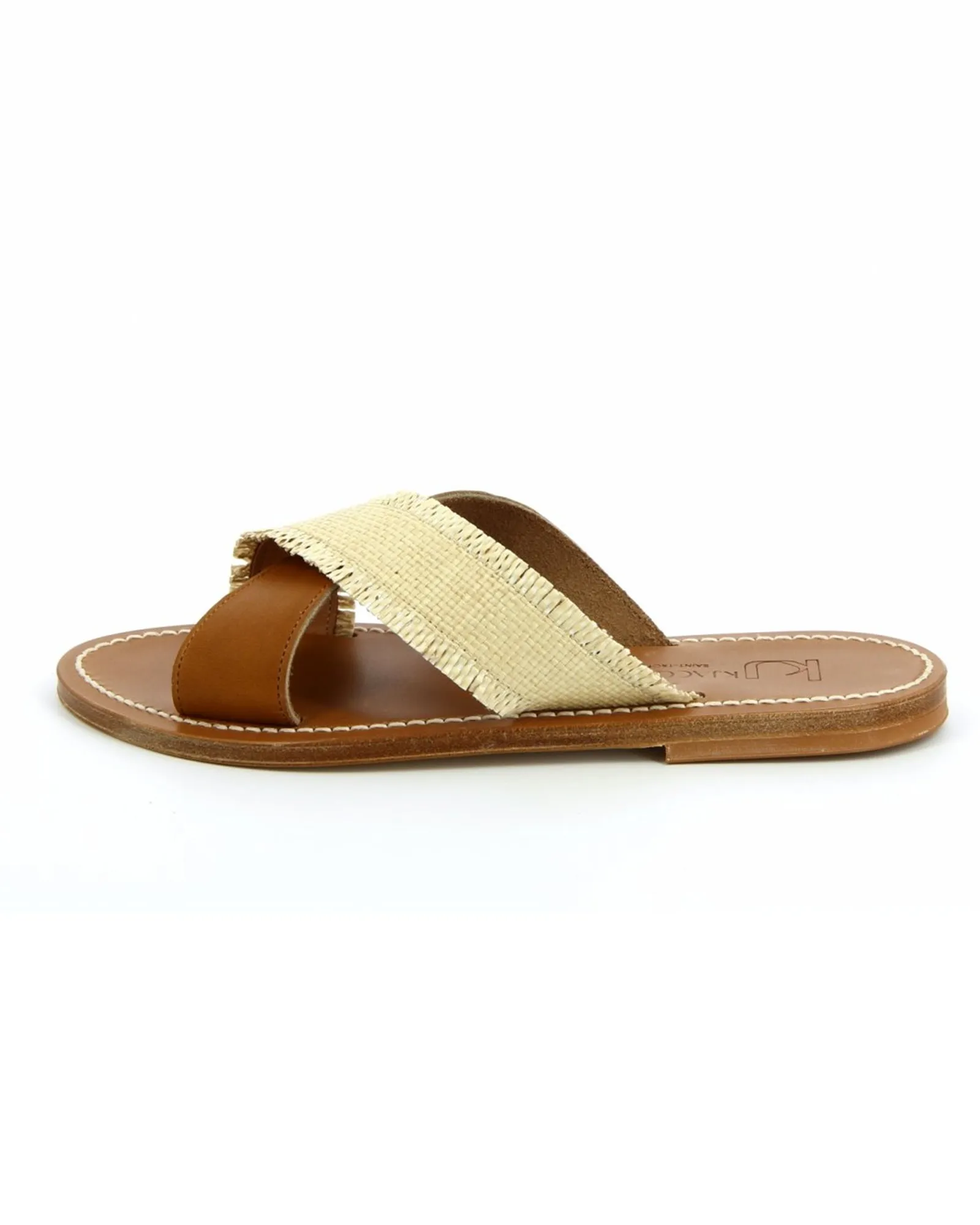 Criss Cross Slide Sandals in Tan and Raffia