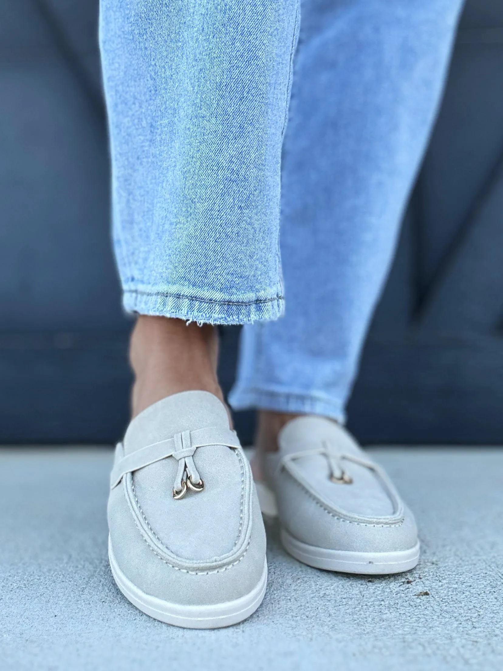 Irene Knot Detail Moccasin Stitching Loafer Mule- Taupe