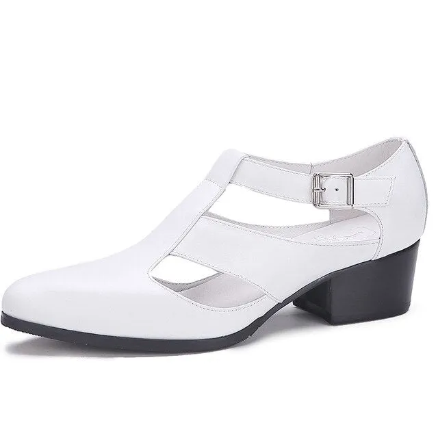 Men Sandals 5cm High heels Men's Casual Shoes Pointed Toe Genuine Leather sandalias Summer fashion buckle strap leather sandals
