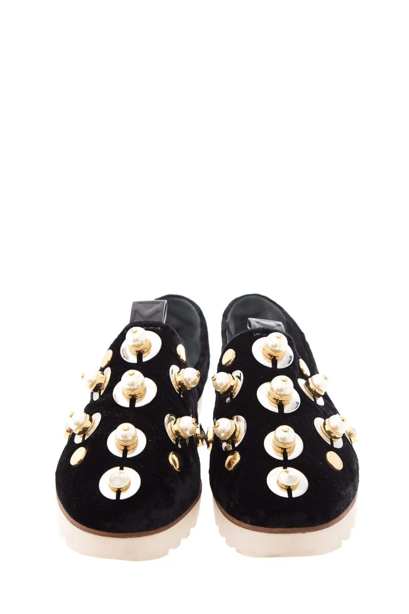 Mercedes Castillo Black Velvet & Pearl Detail Slip On Sneakers SZ 39