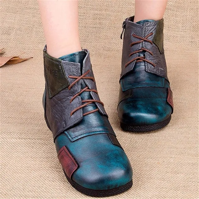 Snow boots female autumn and winter new 2019 retro lace round head rubber bottom color flat leather sole boots mother boots
