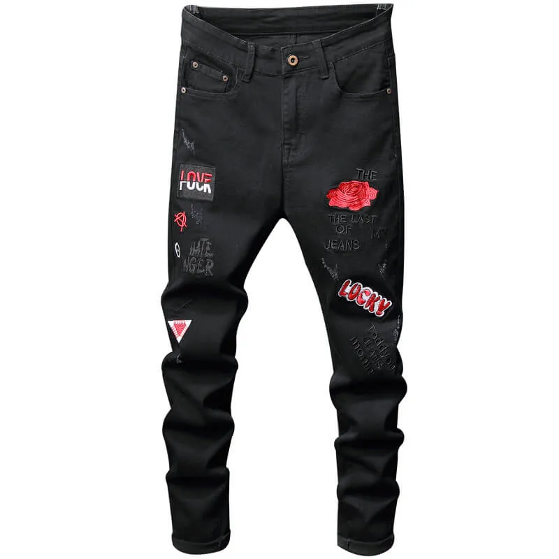 Stylish Straight Pants With Embroidery Mid Waist Men's Jeans